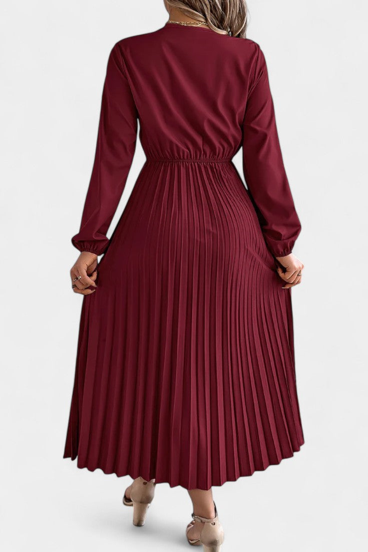 Séverine Robe Plissée en Dentelle à Manches Longues Bouffantes et Encolure en V