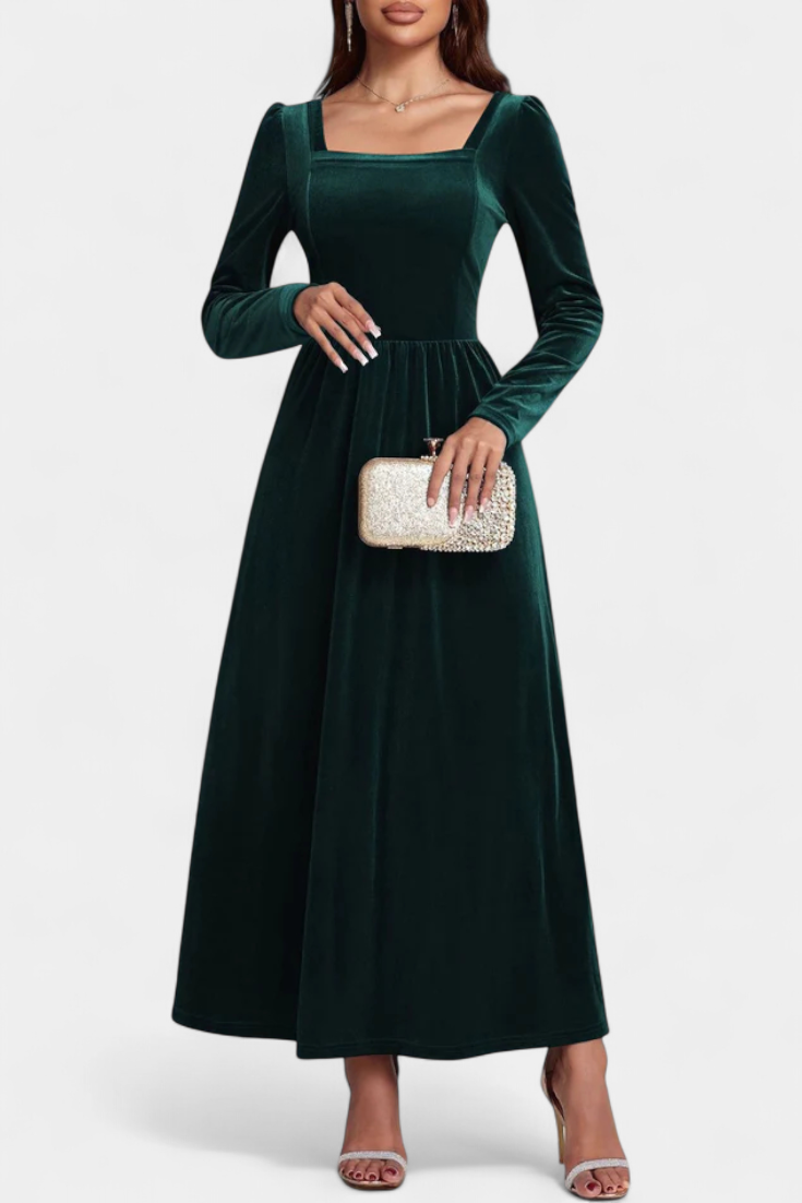 Stéphanie Robe Longue en Velours à Dos Nu et Col Carré