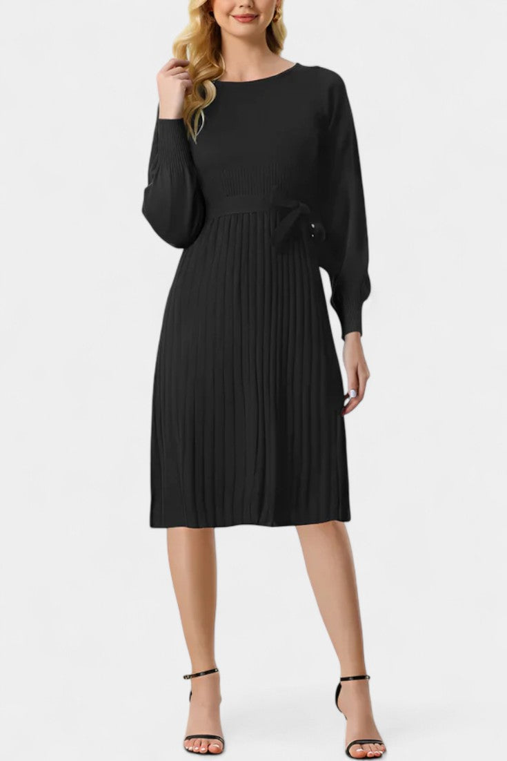 Chloéria Robe Pull Midi Plissée à Ceinture et Maille Côtelée