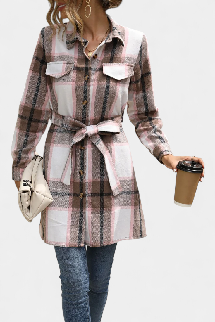 Masia Robe Chemise Mini à Carreaux avec Ceinture Ajustable