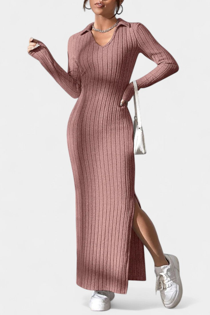 Élidia Robe Maxi Fendue à Col en V et Silhouette Ajustée