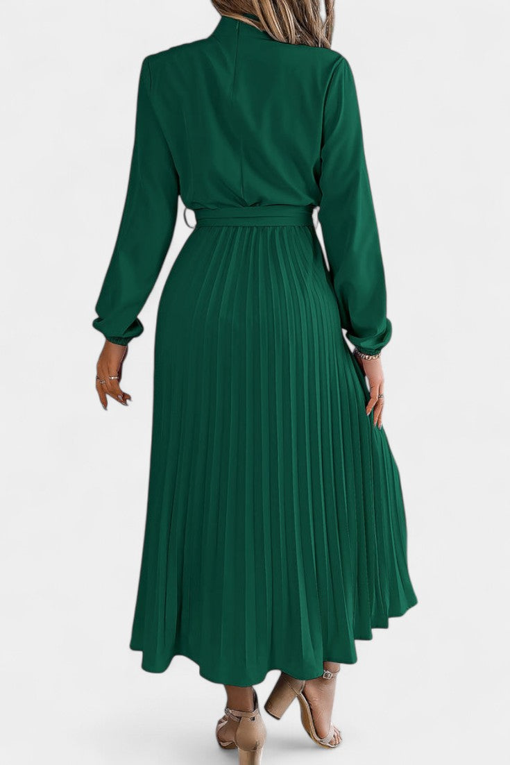 Morgane Robe Plissée à Col Montant Froncé et Taille Nouée