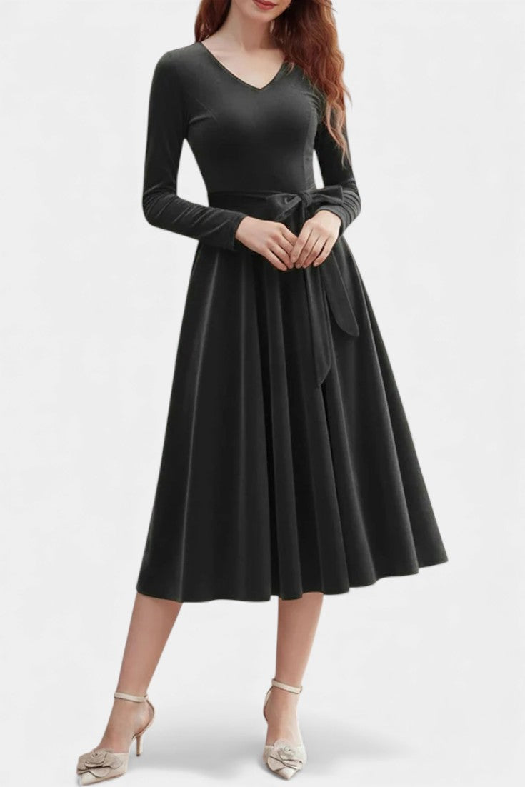 Almena Robe Midi en Velours à Col V Festive et Élégante