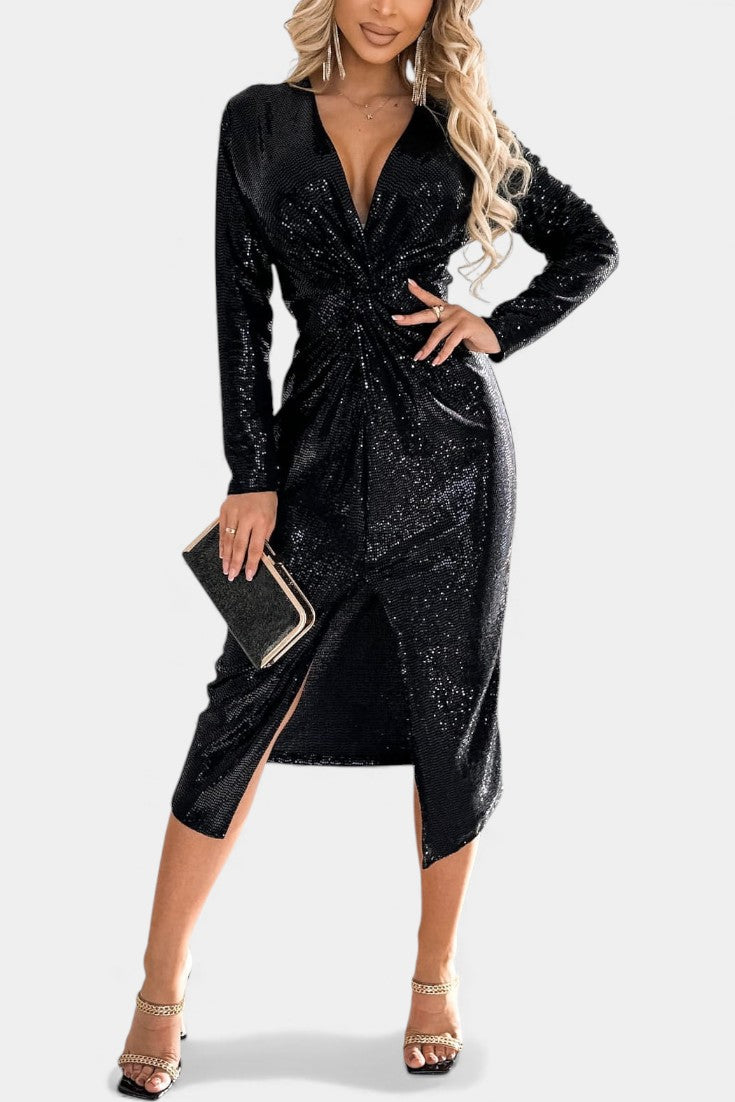 Sofina Robe Pailletée à Décolleté en V et Fente Élégante