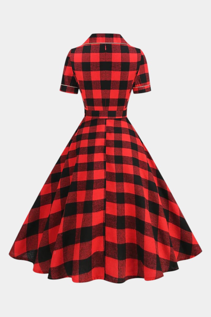 Lylas Robe Midi Vintage à Carreaux avec Revers Tailleur, Poches et Ceinture