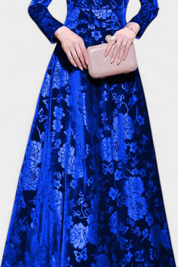 Ombeline Robe Longue en Velours à Col V et Motif Floral Texturé
