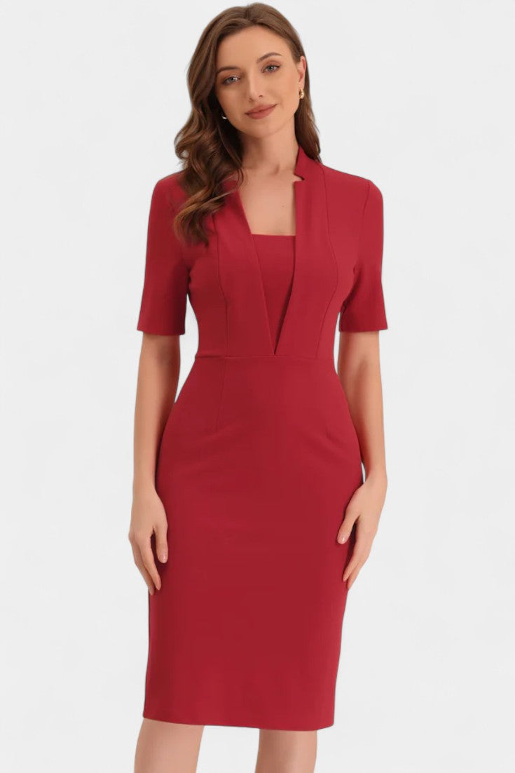 Carminia Robe Crayon Ajustée à Décolleté en V et Manches Courtes