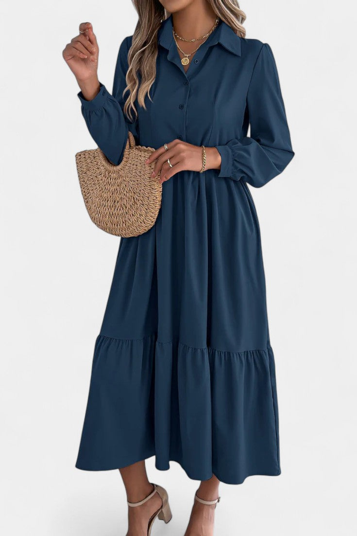 Jessica Robe Chemise Longue à Étages et Manches Longues Boutonnée