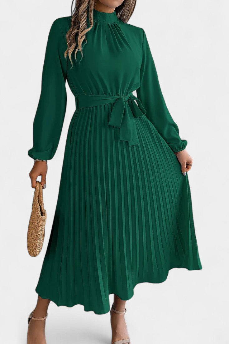 Morgane Robe Plissée à Col Montant Froncé et Taille Nouée
