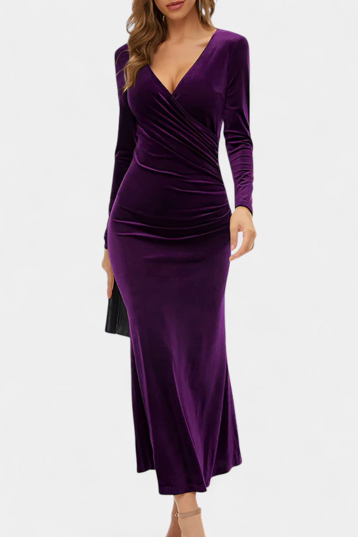 Hespérie Robe Longue en Velours à Fronces Asymétriques et Ourlet Sirène