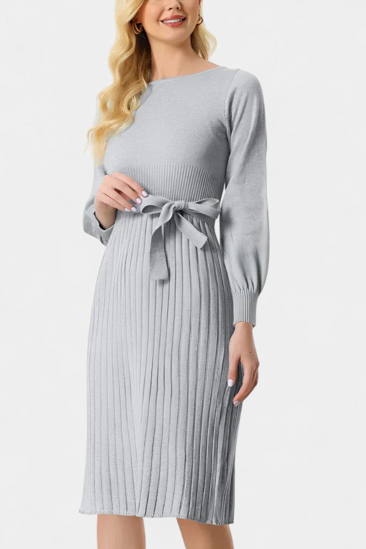 Chloéria Robe Pull Midi Plissée à Ceinture et Maille Côtelée