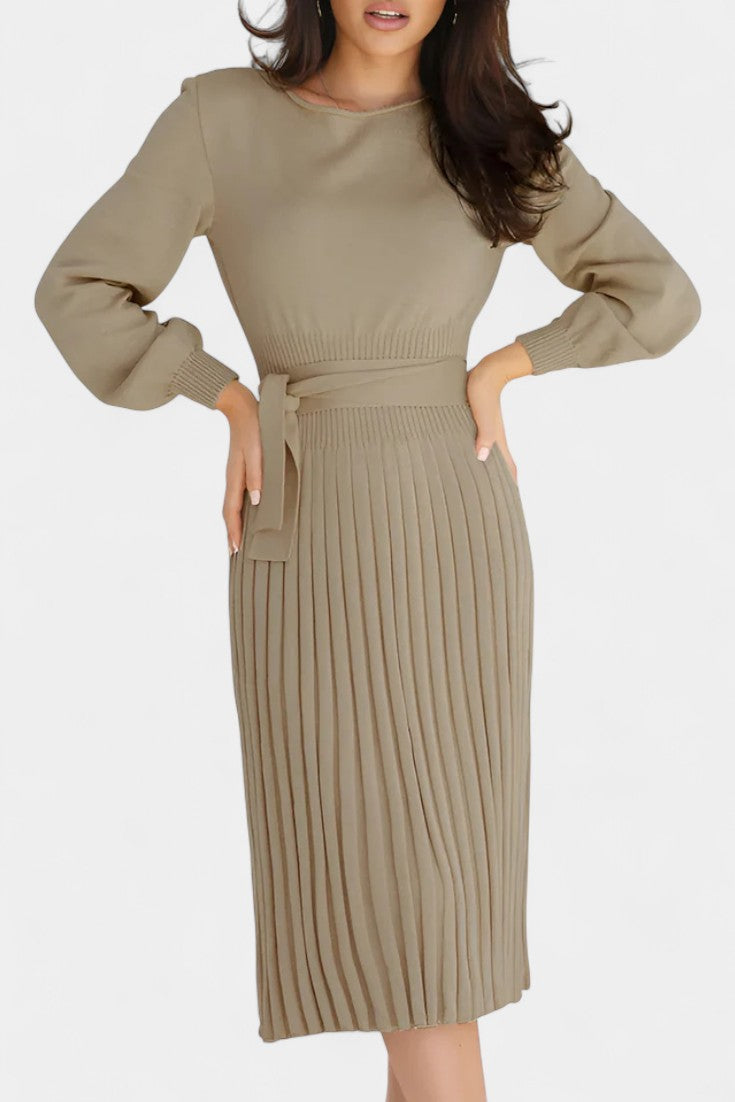 Chloéria Robe Pull Midi Plissée à Ceinture et Maille Côtelée