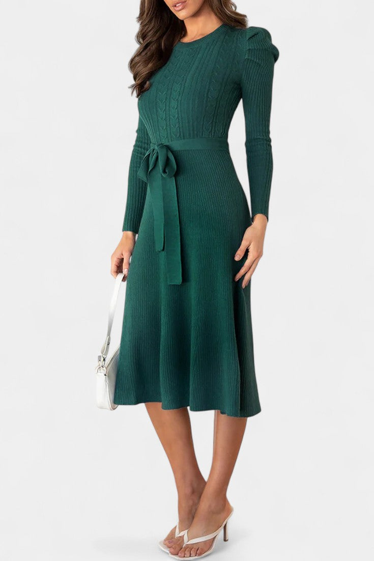 Évoria Robe Pull Midi Tricotée à Manches Bouffantes et Détail Lacé