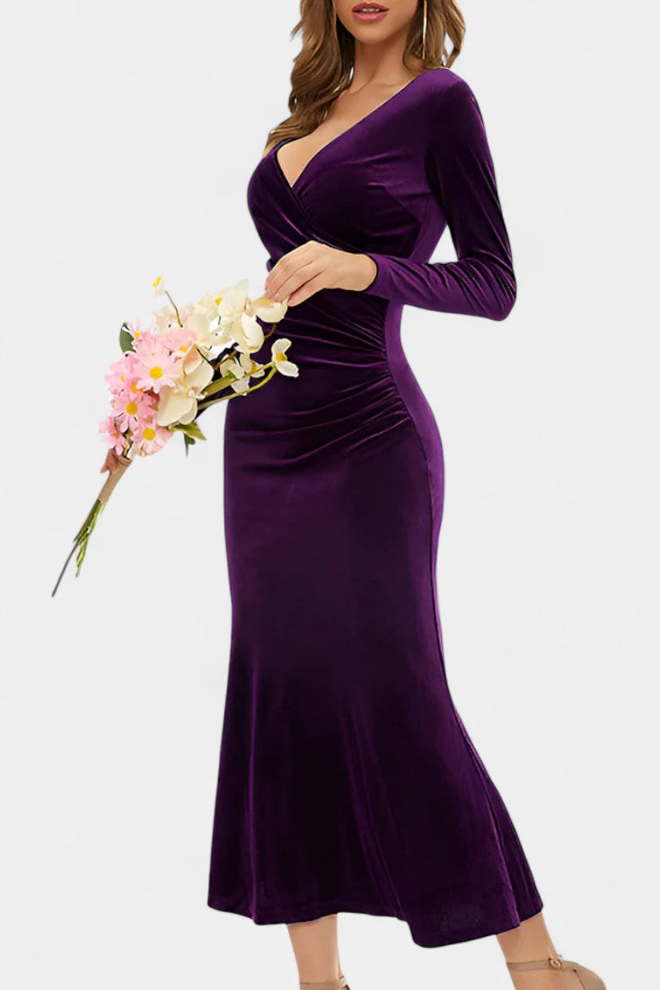 Hespérie Robe Longue en Velours à Fronces Asymétriques et Ourlet Sirène