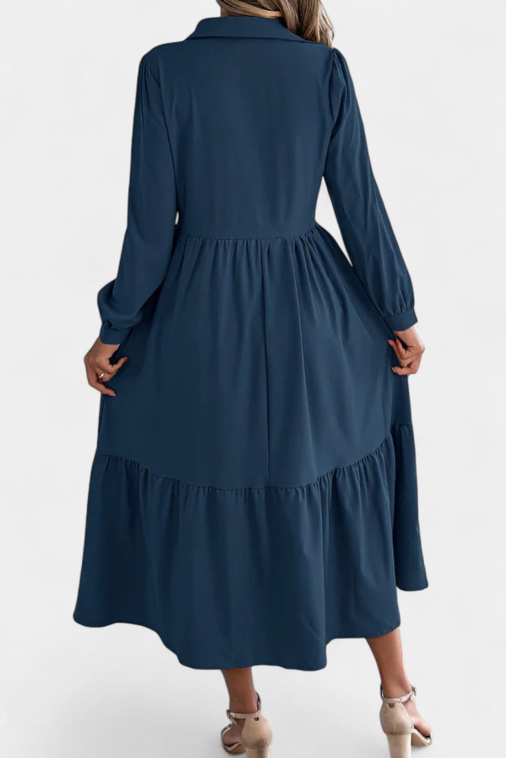 Jessica Robe Chemise Longue à Étages et Manches Longues Boutonnée