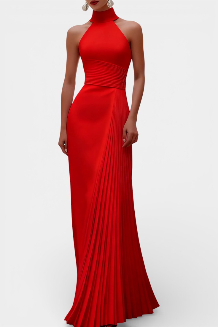 Whitney Robe de Soirée Satinée Plissée à Col Halter