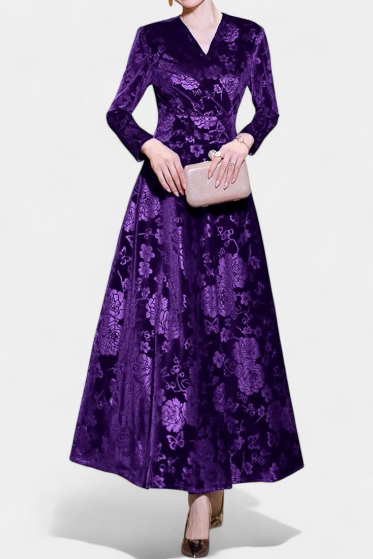Ombeline Robe Longue en Velours à Col V et Motif Floral Texturé