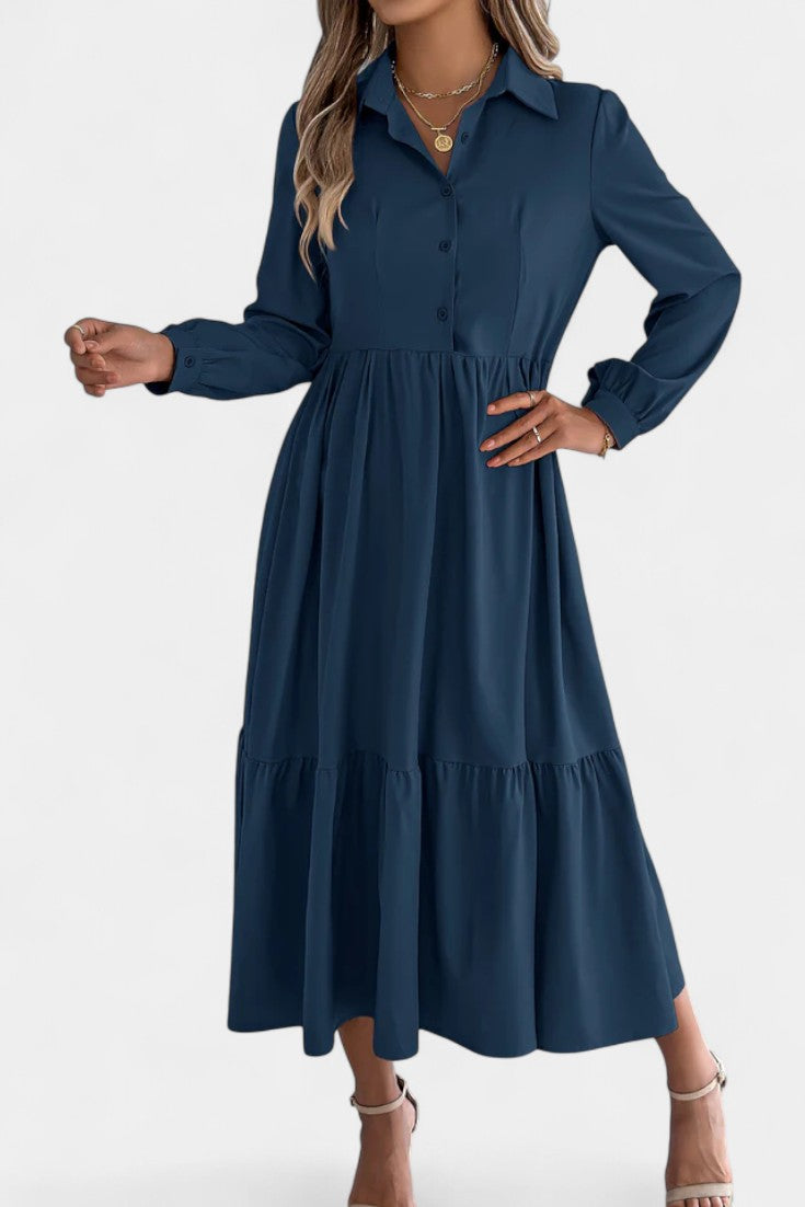 Jessica Robe Chemise Longue à Étages et Manches Longues Boutonnée