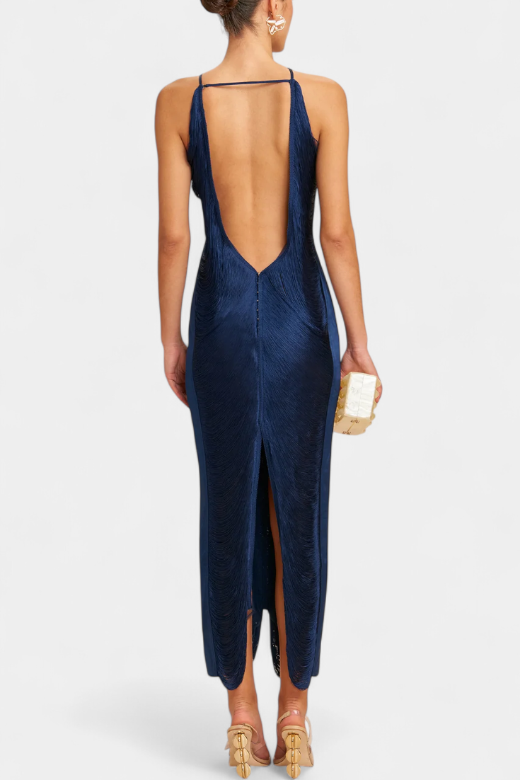 Jianna Robe Halter à Franges Dorées et Dos Nu Sophistiqué