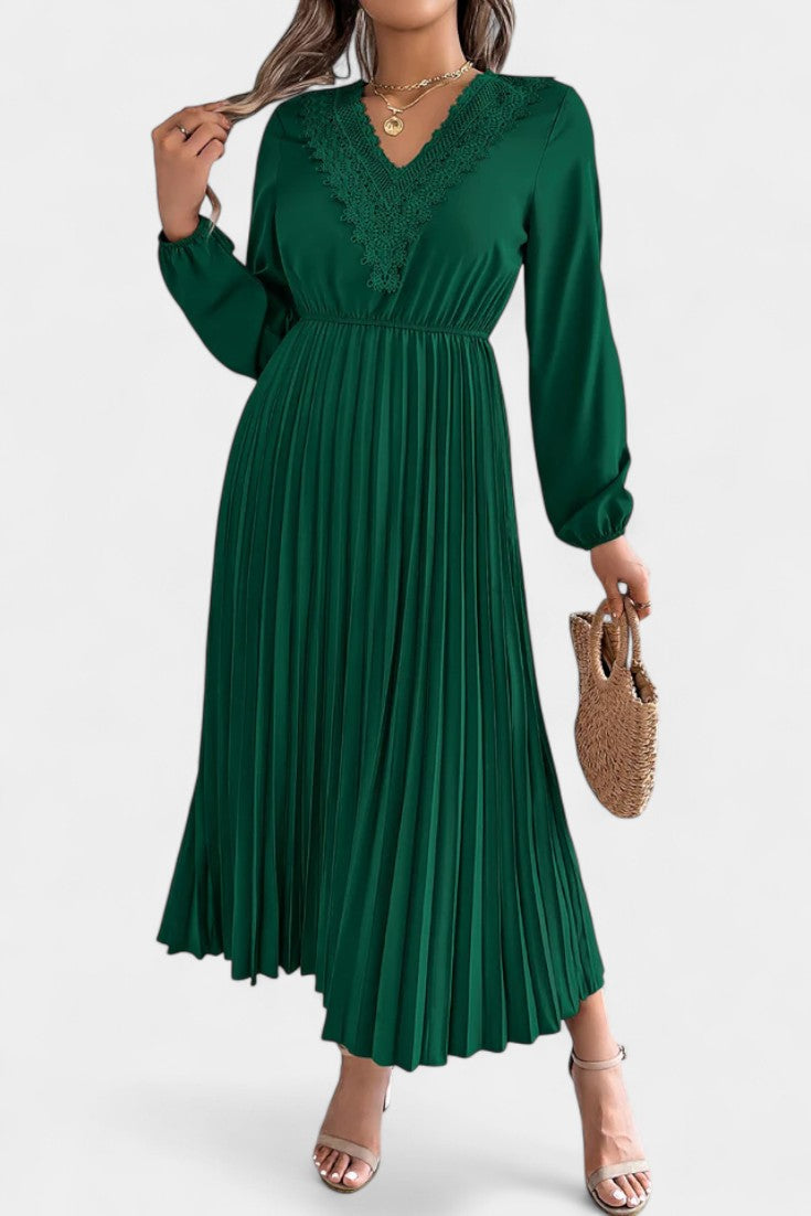 Séverine Robe Plissée en Dentelle à Manches Longues Bouffantes et Encolure en V
