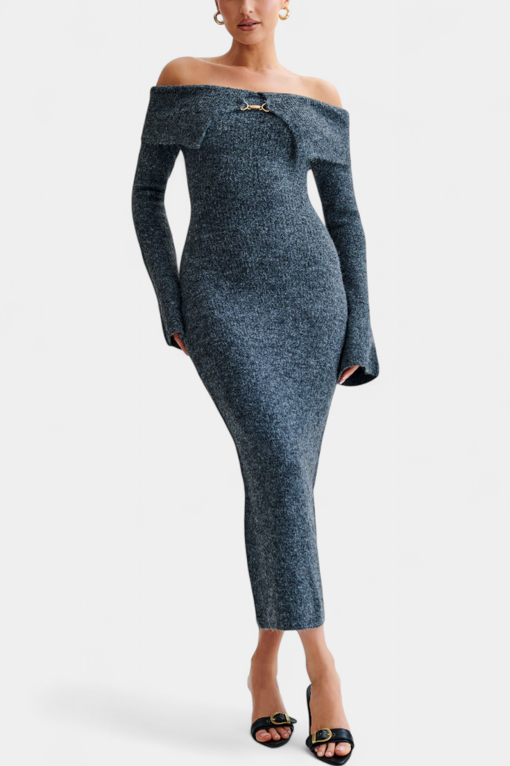 Solsona Robe en Tricot à Une Épaule et Manches Longues
