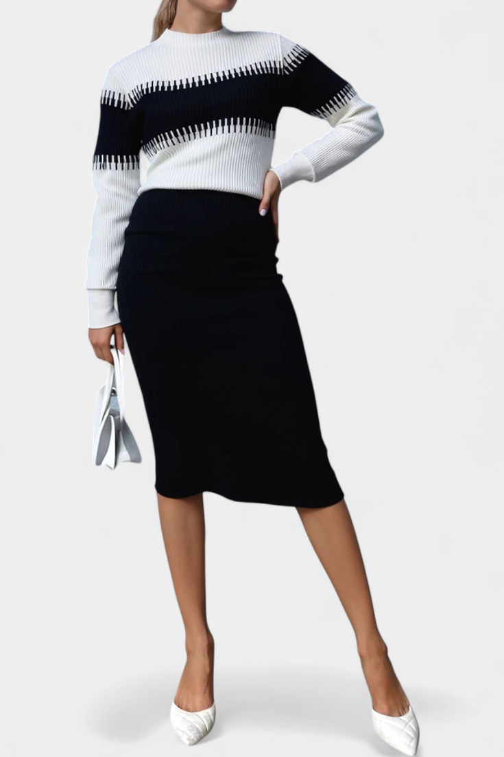 Sidonie Ensemble Robe Pull Midi Bicolore à Manches Longues