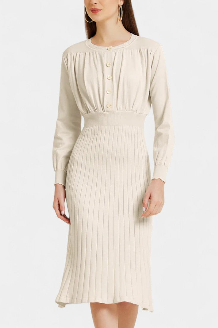Arsina Robe Pull Midi Côtelée à Manches Lanterna et Col Rond