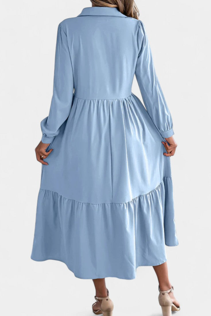 Jessica Robe Chemise Longue à Étages et Manches Longues Boutonnée