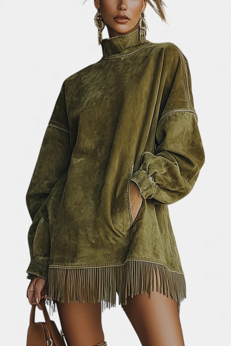 Élanaïs Robe Pull Oversize en Suédine avec Ourlet Frangé
