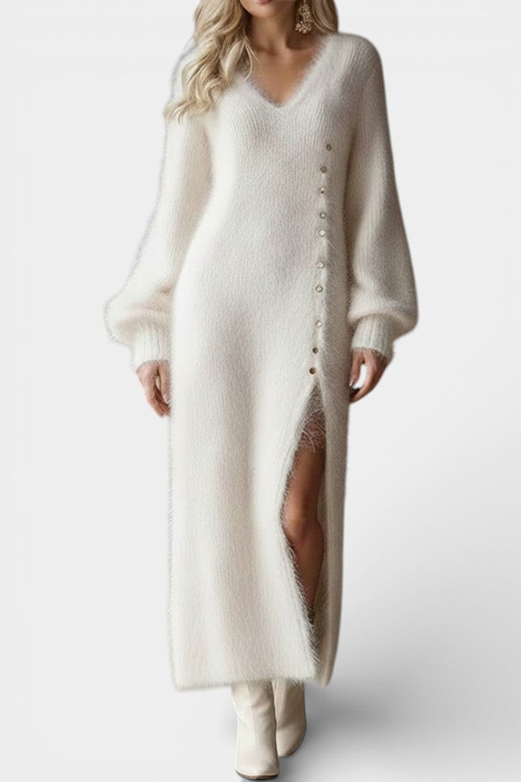 Méthilde Robe Midi Tricotée en Fourrure à Boutons Métalliques