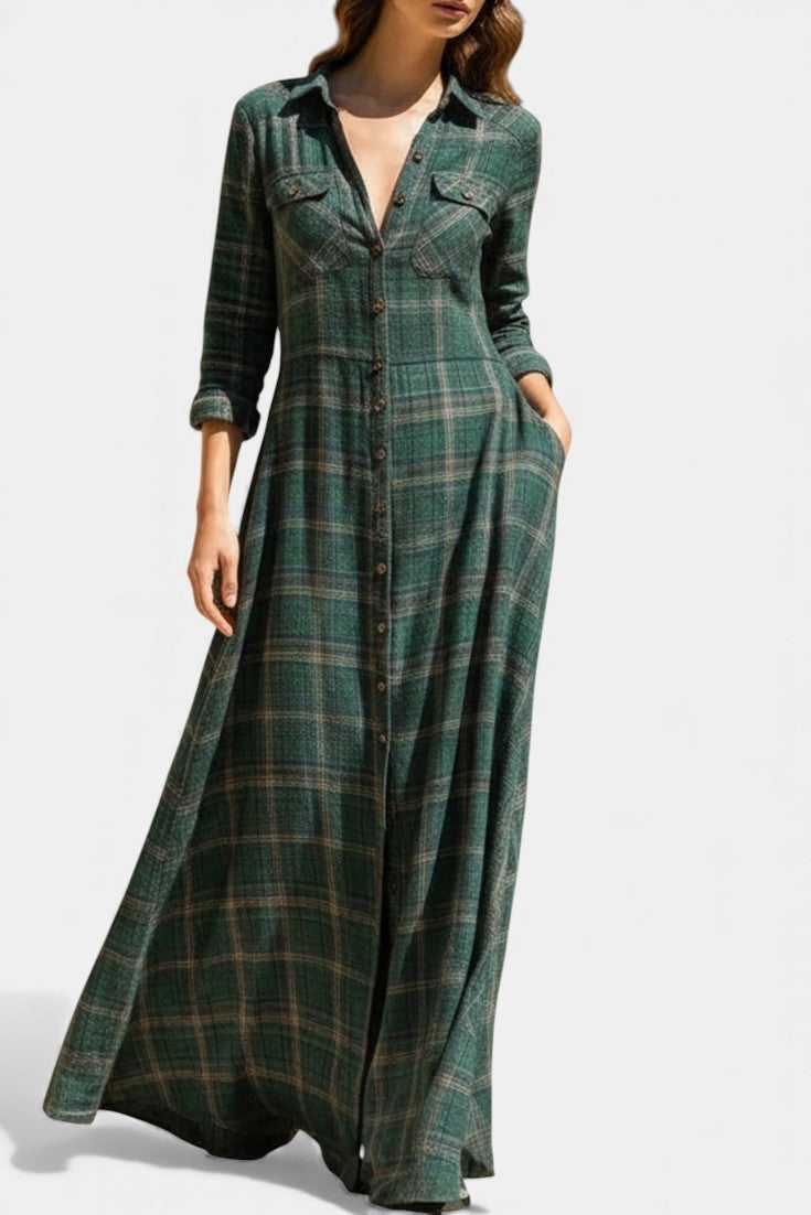 Amanita Robe Chemise Maxi à Carreaux Verts et Col à Revers Structuré