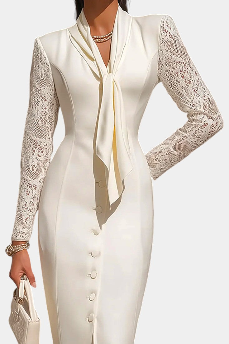 Cami Robe Mi-Longue à Manches en Dentelle Blanche et Col à Nouer
