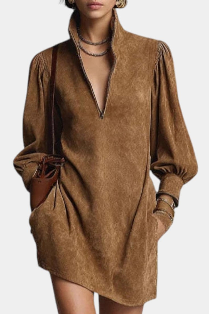 Solveig Robe Mini en Suède Marron à Col Roulé et Fermeture Éclair