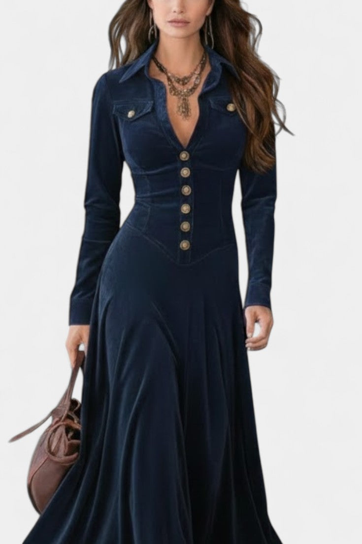 Romy Robe Longue en Suédé à Boutons et Décolleté Plongeant