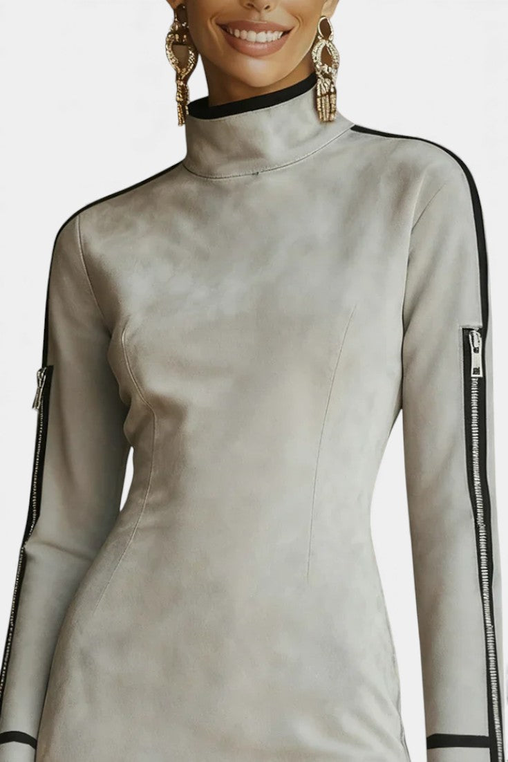 Laodice Robe Mini Gris Clair à Col Montant et Détails Zippés