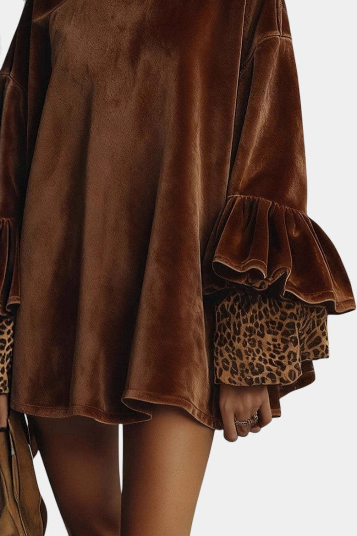 Brisélie Robe Mini en Velours avec Manches Volantes Léopard