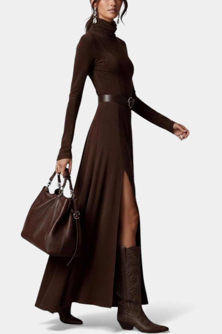 Roselda Robe Maxi à Col Roulé & Fente Élégante