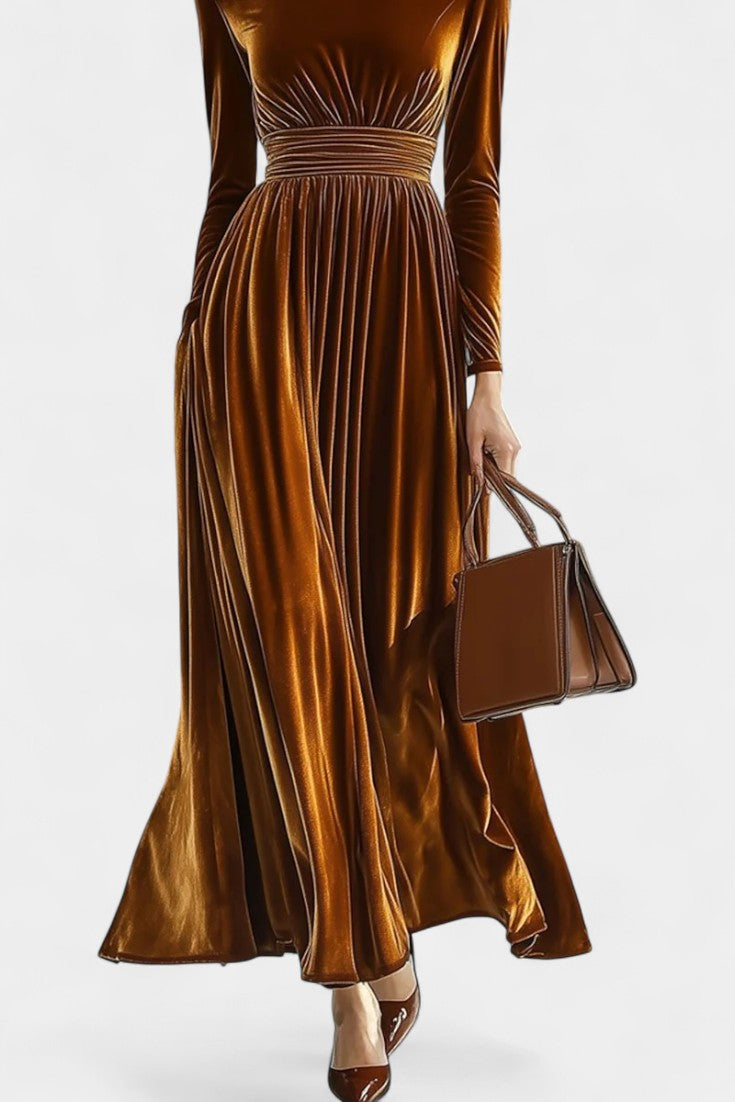 Doryane Robe Maxi en Velours à Col Montant et Manches Longues
