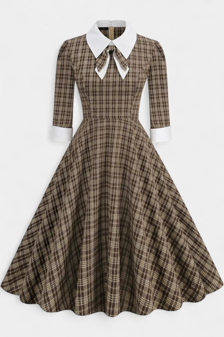 Natacha Robe Midi Évasée à Carreaux avec Col et Nœud