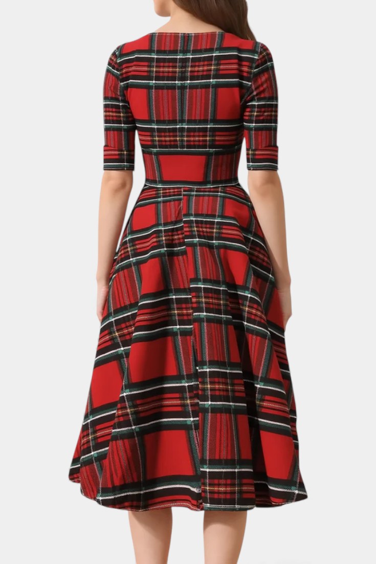Véra Robe Midi Évasée à Imprimé Plaid et Décolleté V Festif