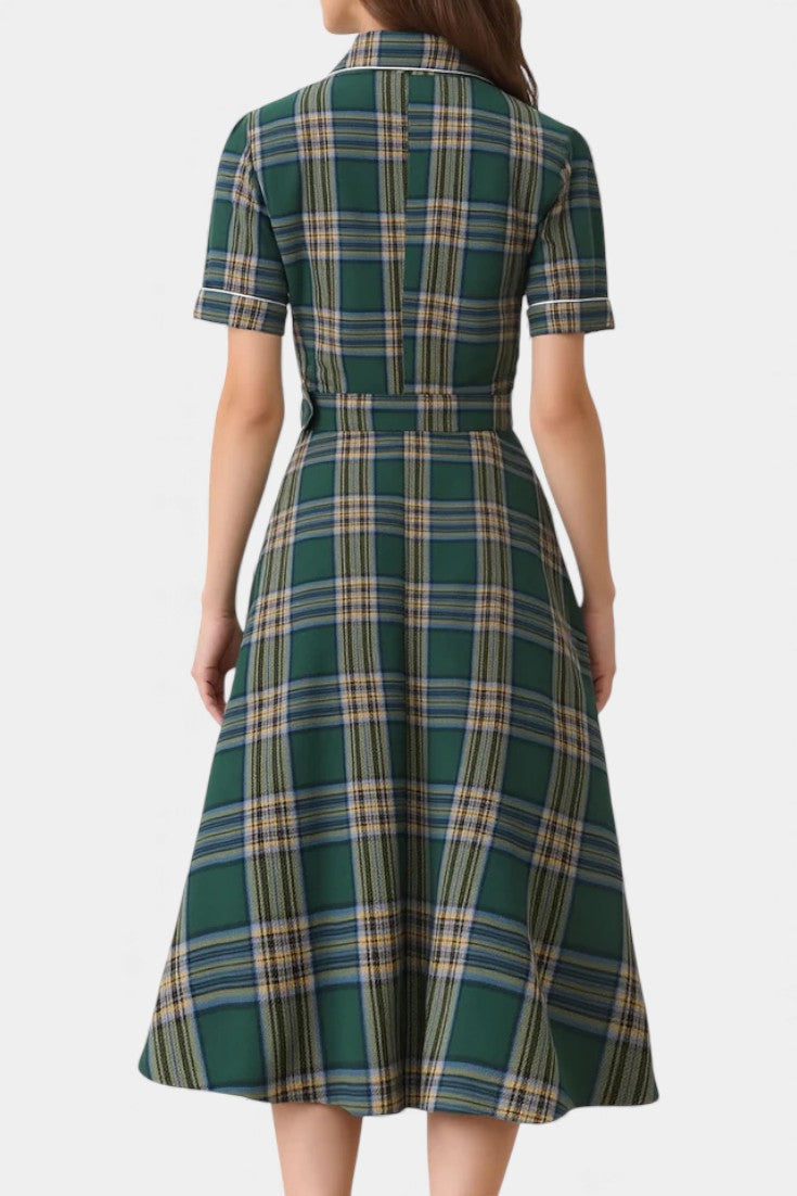 Lylas Robe Midi Vintage à Carreaux avec Revers Tailleur, Poches et Ceinture