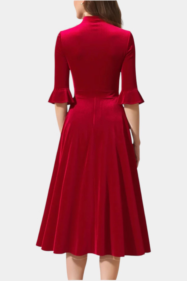 Domitille Robe Midi Vintage en Velours avec Manches Volantées et Nœud Élégant