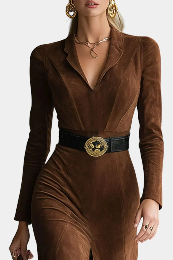 Huguette Robe Midi Fendue en Suédine Synthétique Style Western Rétro