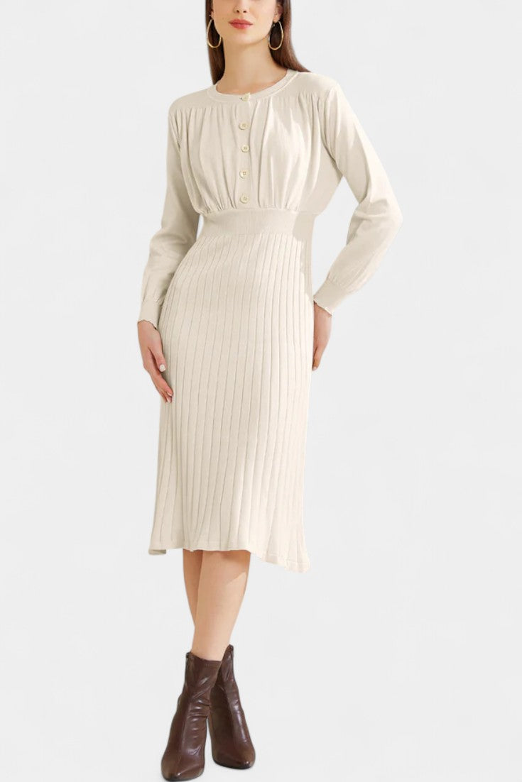 Arsina Robe Pull Midi Côtelée à Manches Lanterna et Col Rond