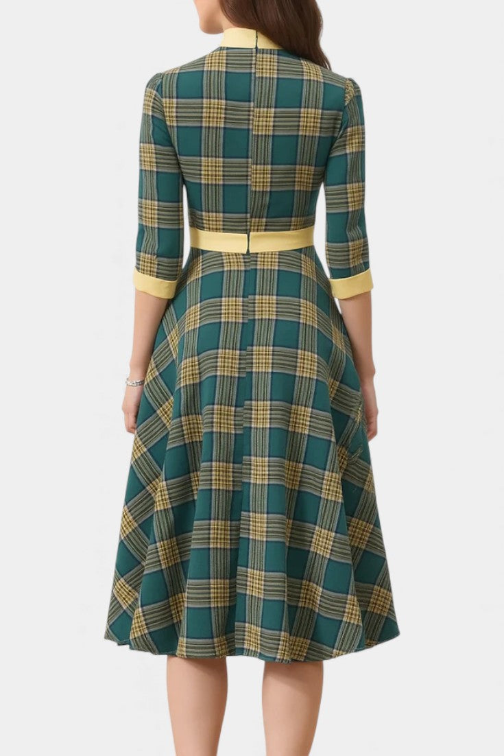 Suzette Robe A-Line à Carreaux avec Nœud Lavallière et Manches 3/4