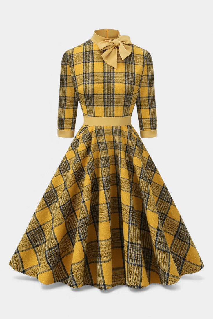Suzette Robe A-Line à Carreaux avec Nœud Lavallière et Manches 3/4