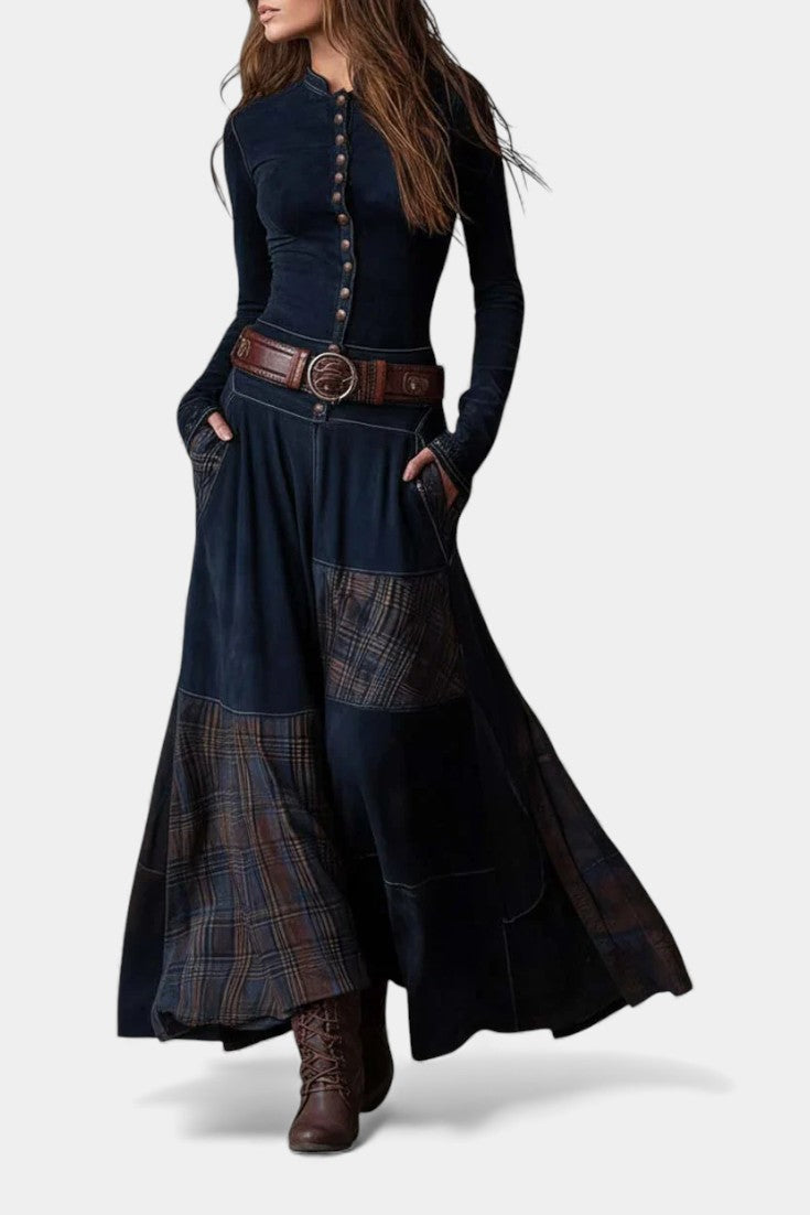 Marlis Robe Longue Élégante à Carreaux Vintage