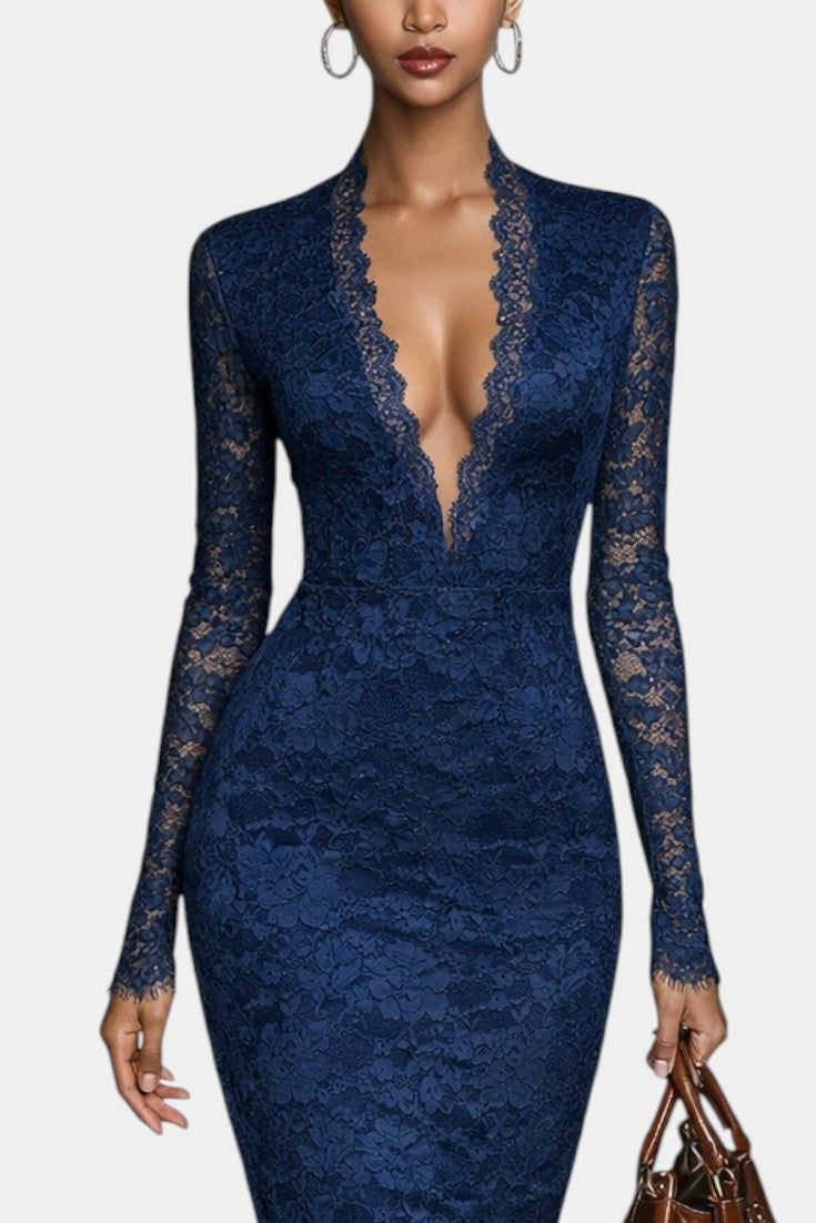 Josépha Robe Midi en Dentelle à Décolleté Plongeant et Manches Longues