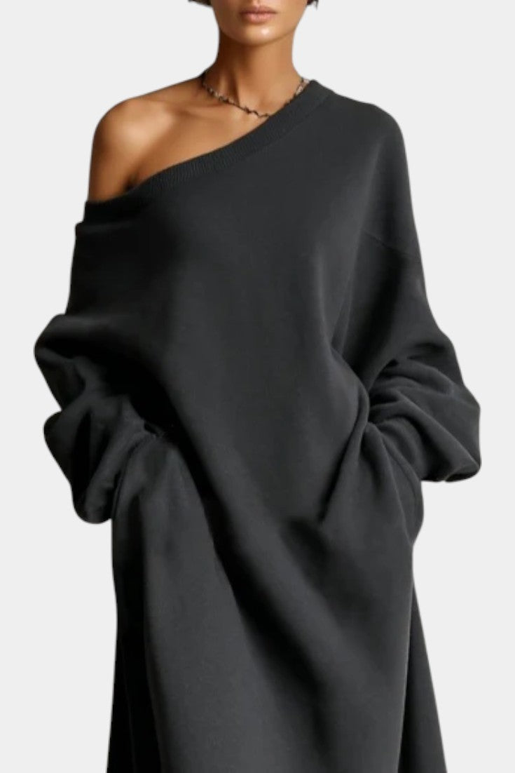Sasha Robe Longue Sweatshirt Noire à Épaules Dénudées