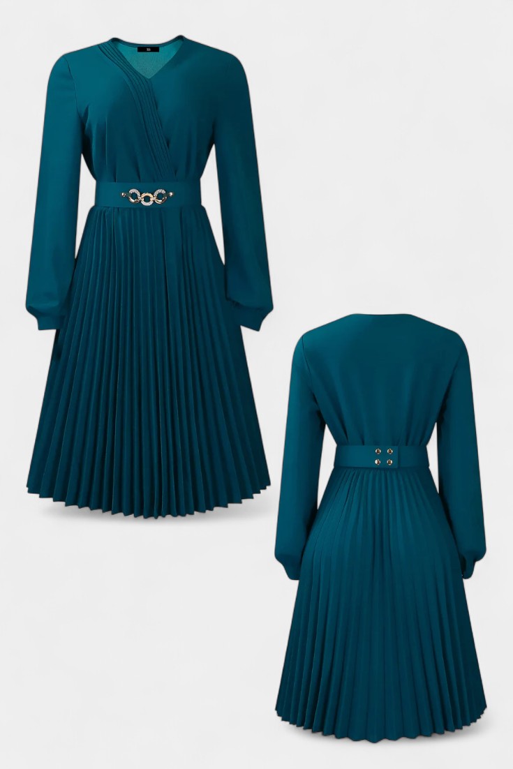 Lucie Robe Midi Plissée à Manches Longues et Ceinture
